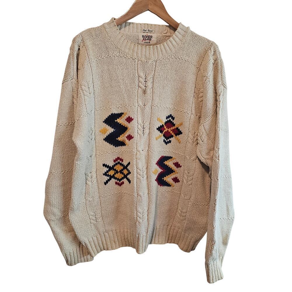 Vintage River Grand Knit Sweater Women Lg 90s Tan Cottage Pullover Preppy Granny